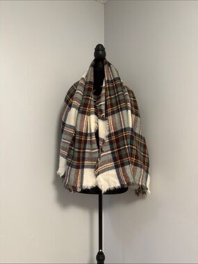 Cozy Plaid Blanket Scarf in Cream, Brown & Teal